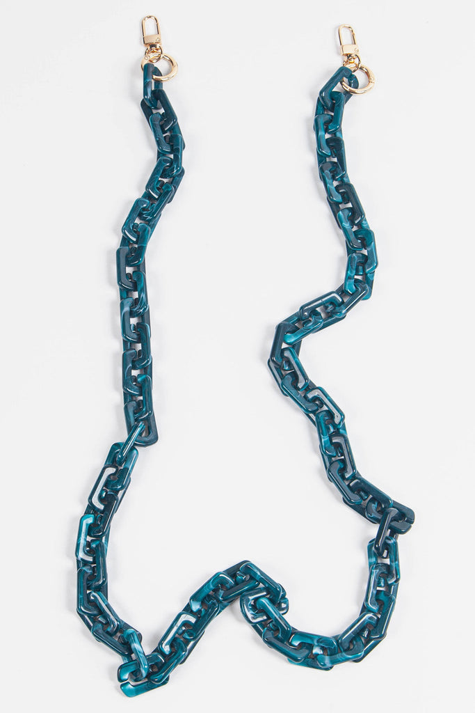 teal blue square link bag strap with gold hardware