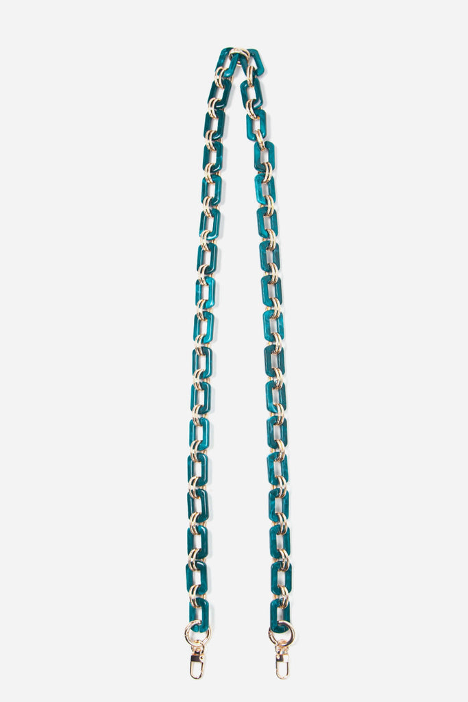 teal blue acrylic detachable bag strap with gold hardware