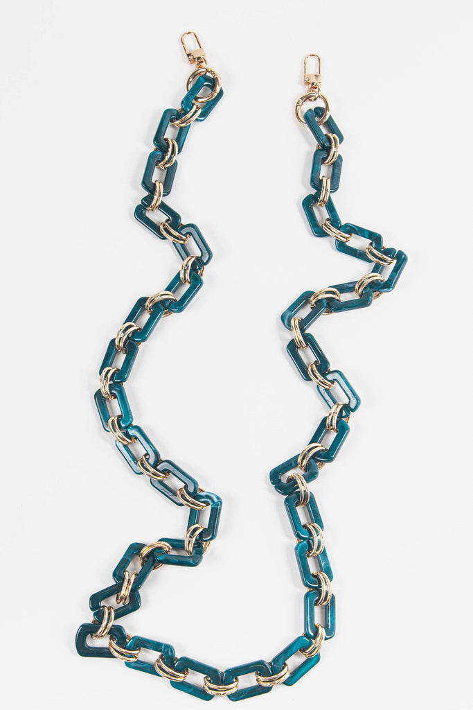 teal and gold square link bag strap