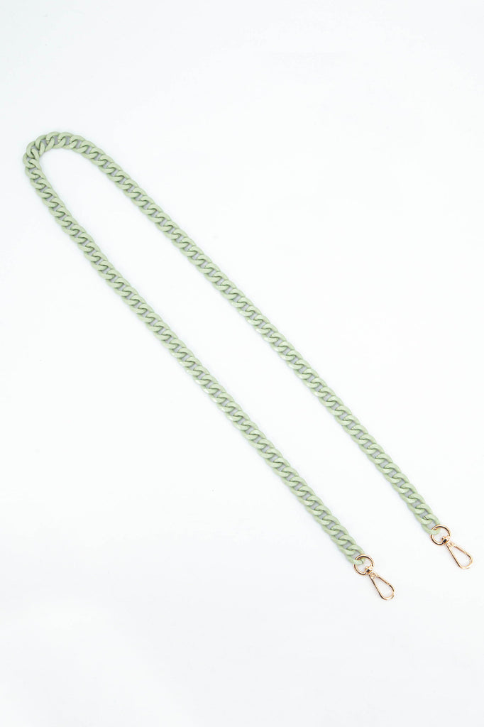 mint green chain bag strap with gold clip on attachments