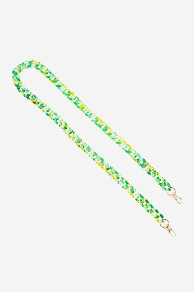 green acrylic curb link bag strap with gold clip on hardware