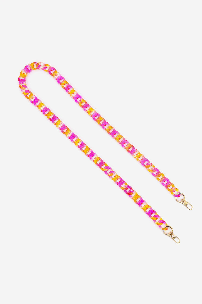 orange and pink curb link acrylic bag strap with gold clip on attachments