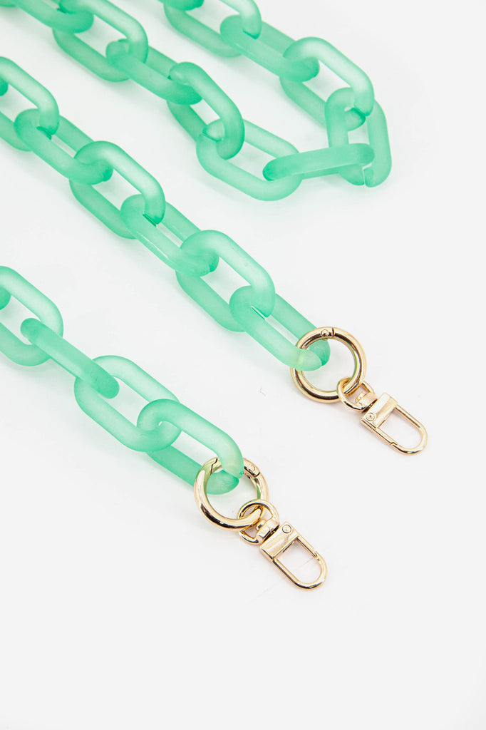 close up of the gold clip on attachments on the acrylic bag strap