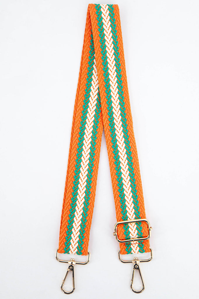 orange and green woven chevron stripe bag strap with gold clip on snap hooks for easy attachment