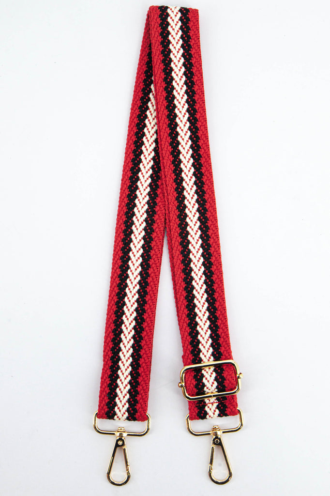 red, navy blue and white woven chevron stripe bag strap with gold clip on snap hooks for easy attachment