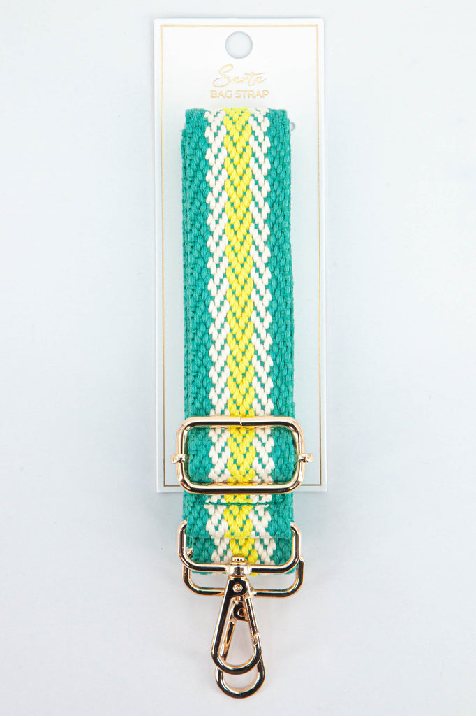 green, lime yellow striped woven bag strap with gold hardware