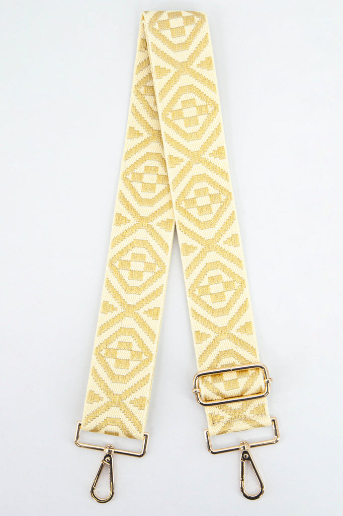 cream and gold ikat pattern woven bag strap with gold clip on snap hooks