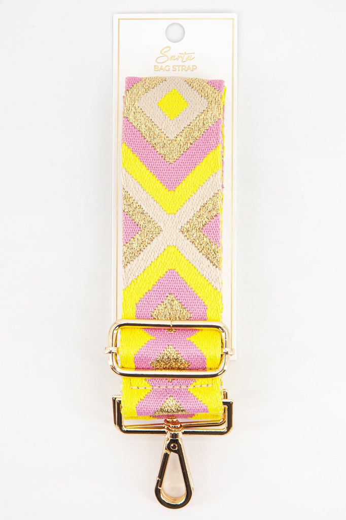 pink, yellow and metallic gold aztec print patten woven bag strap