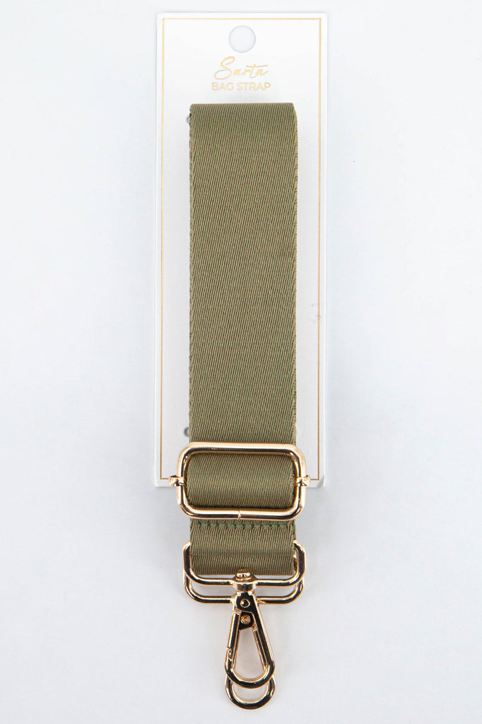 plain khaki green woven bag strap with gold clip on hardware