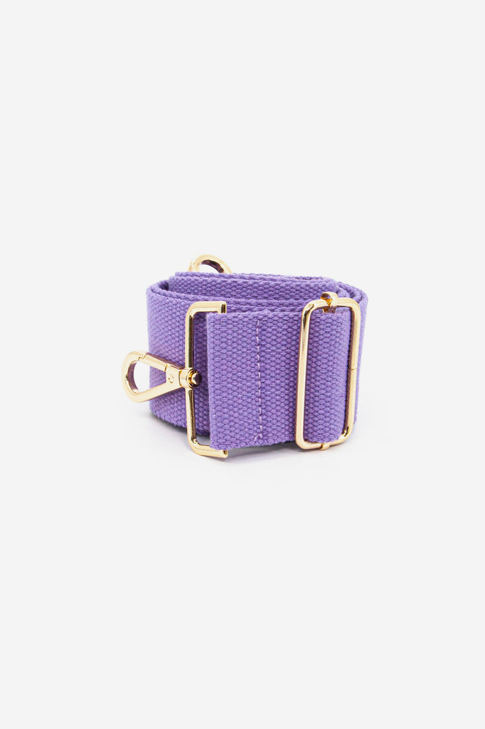 plain lilac bag strap with a woven texture and gold hardware