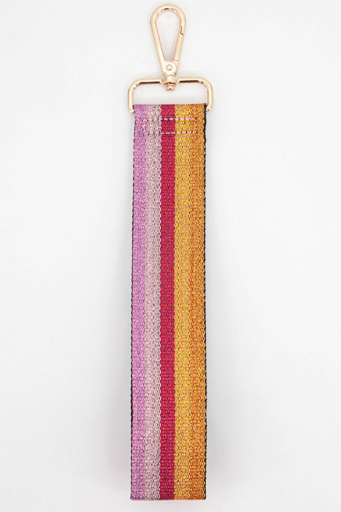 pink, red and orange glitter striped wrist strap for purses and clutch bags with gold hardware