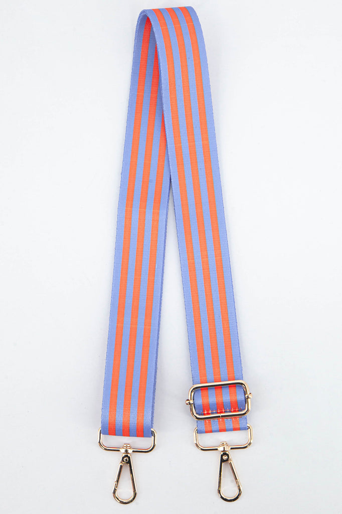 azure blue and orange alternating stripe bag strap with gold clip on hardware