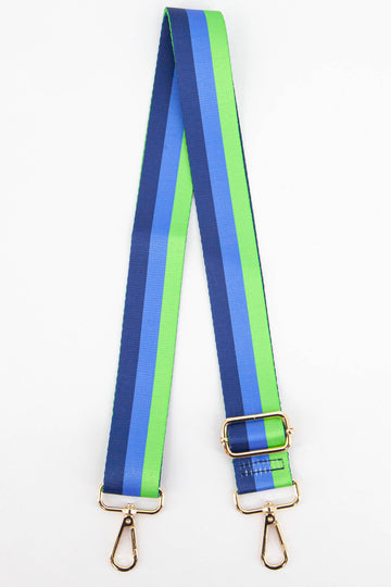 clip on bag strap with a pattern of three colour block stripes in navy blue, light blue and lime green