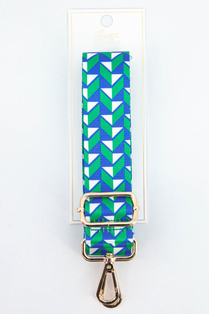 blue and green chevron pattern replacement bag strap with gold hardware