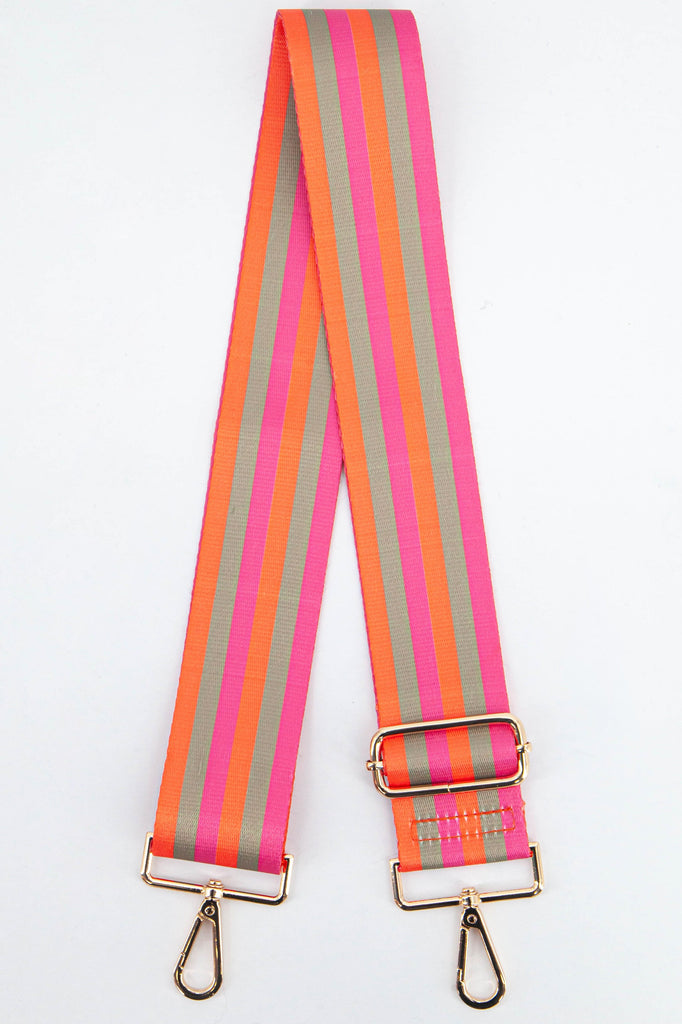 pink, orange and khaki mutli striped wide bag strap with gold hardware