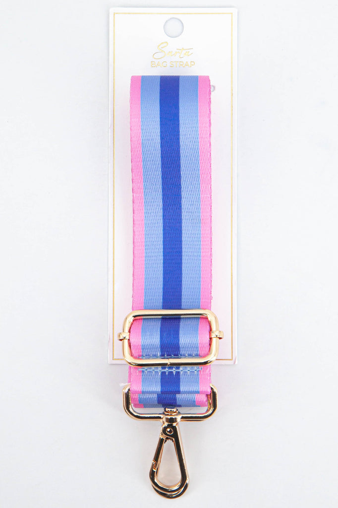 pink and blue striped bag strap with gold hardware