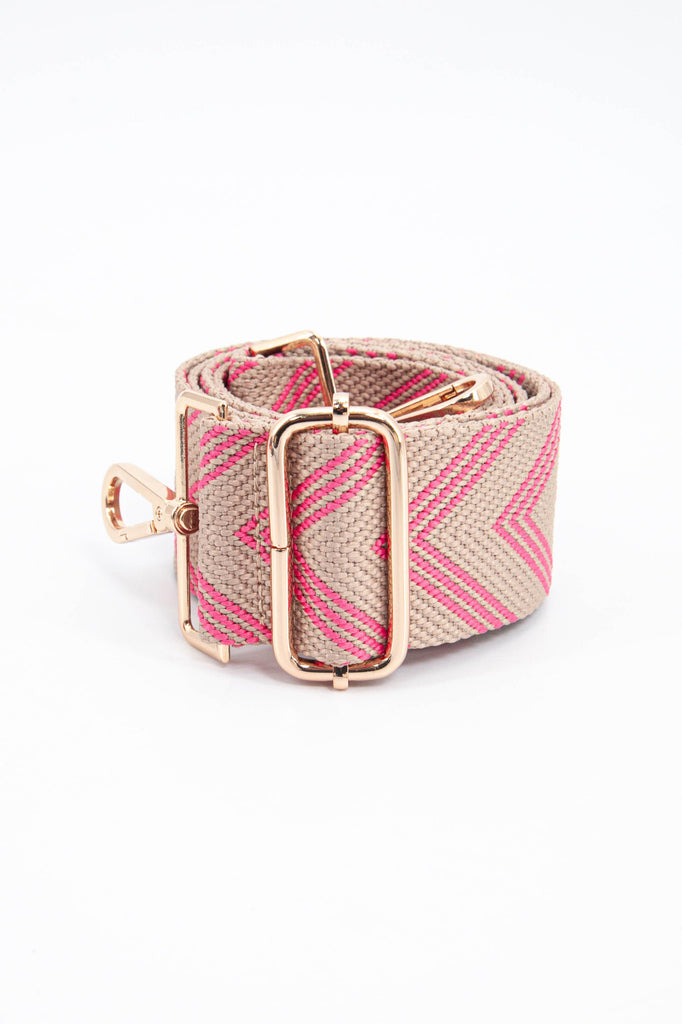 close up of the pink chevron pattern and gold adjustment buckle