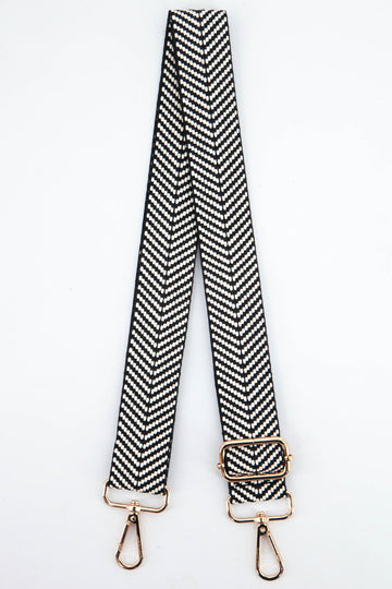 black and white chevron pattern woven bag strap with gold clip on snap hook attachments