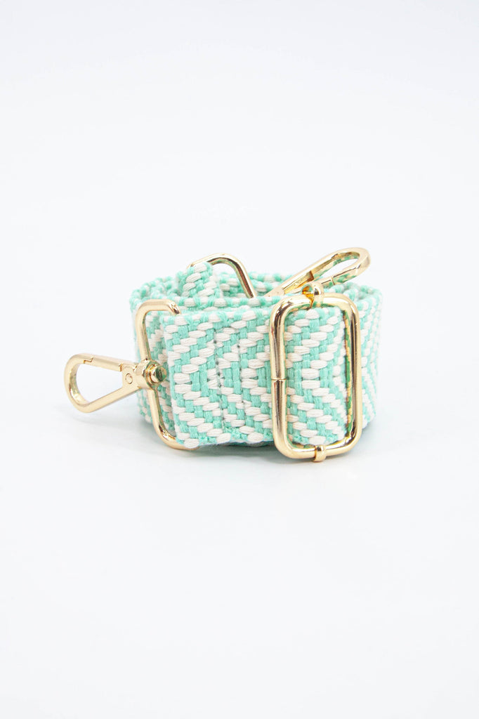 close up of the mint green chevron pattern and gold adjustment buckle