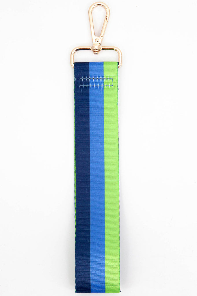 blue and green striped wrist strap for a clutch bag