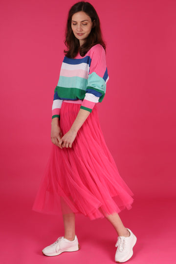 pink tulle swing midi skirt with pink waistband