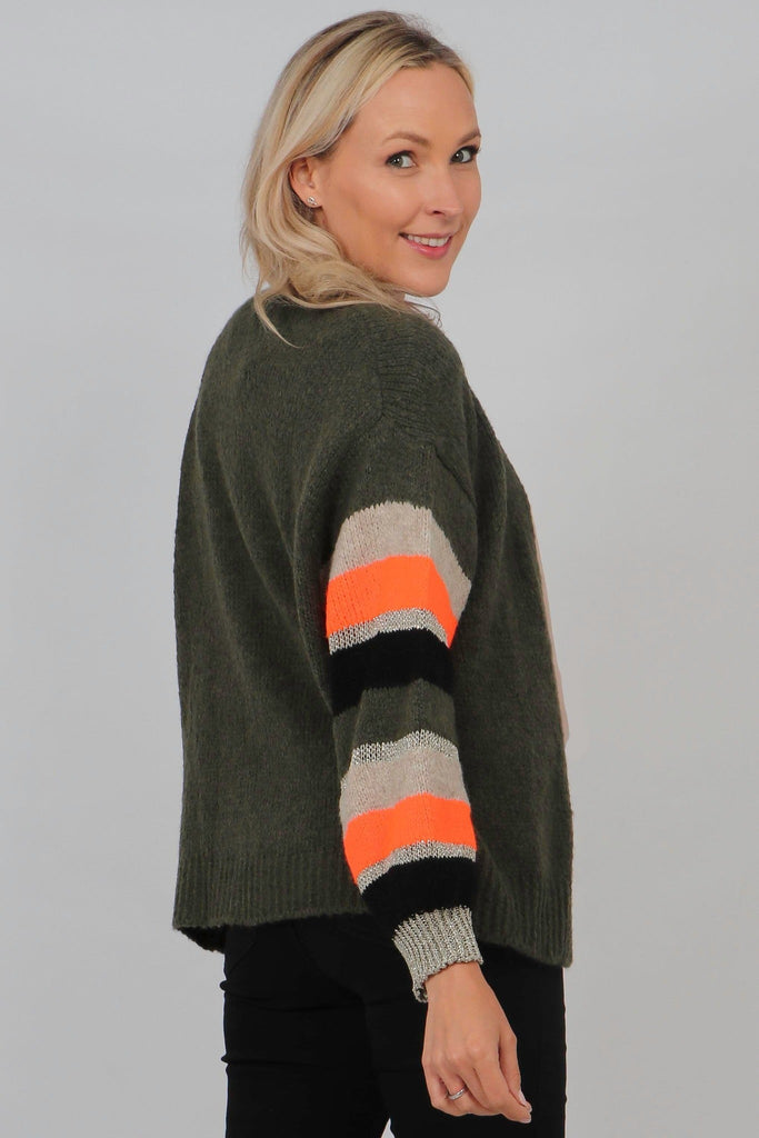 model showing the back of the cardigan which is plain khaki green