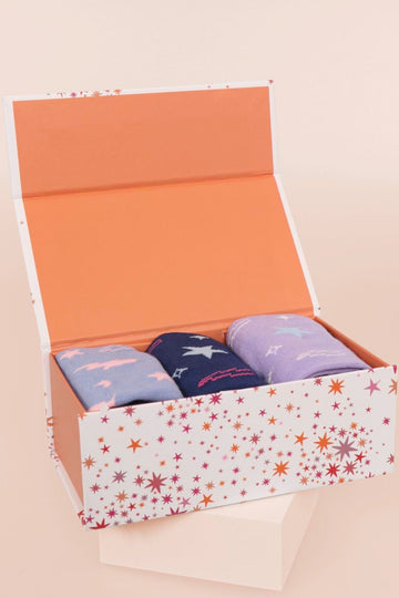 A star print gift box with three star and lightning print ladies bamboo socks