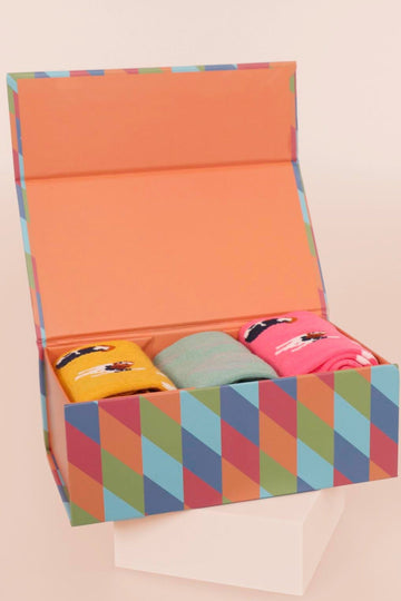 sock gift box with two pairs of womens beagle print bamboo socks and one pair of floral bamboo socks
