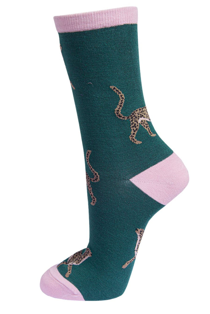 green bamboo socks with cheetahs on them