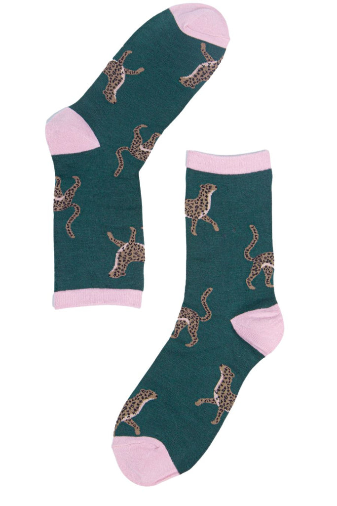 green bamboo socks with cheetah cats 