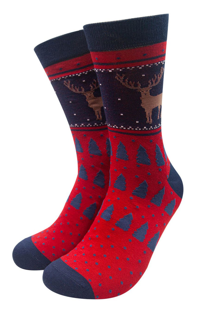 red and navy blue dress socks with a stag 