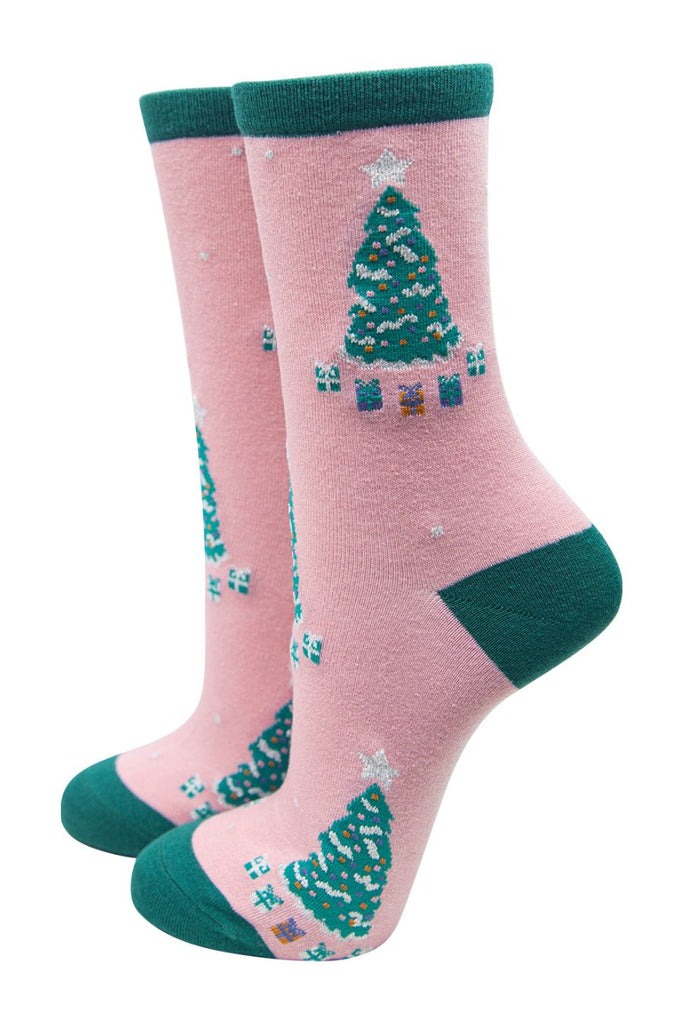 pink and green ankle socks with christmas trees all over