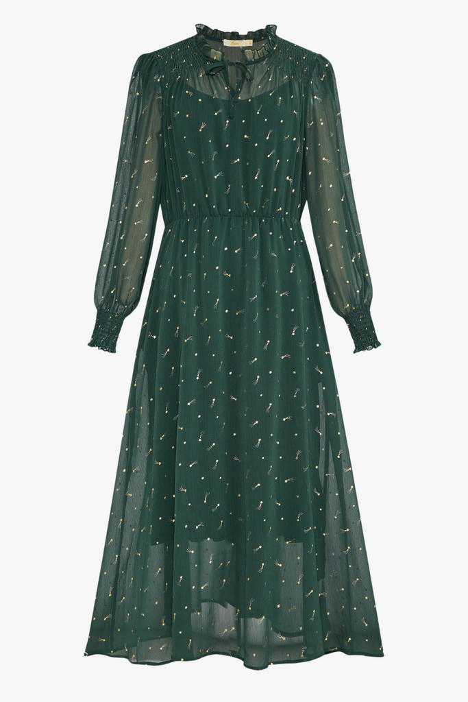 a green chiffon midi dress with a grandad tie collar and long sleeves, with an all over gold shooting star pattern