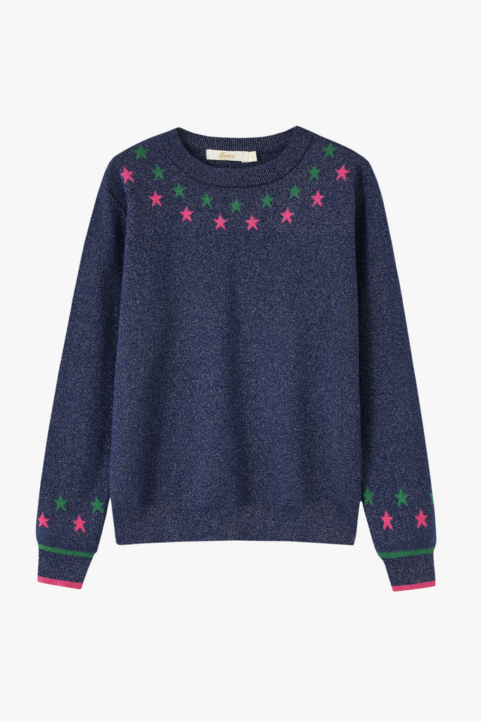 blue sparkly jumper with pink and green stars