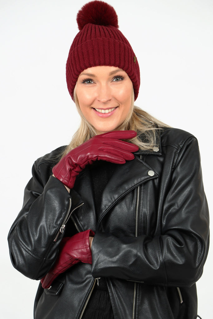 model wearing berry red faux leather winter gloves 