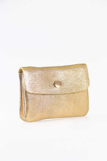 small gold leather coin purse with a fold over snap fastening with an inner zip