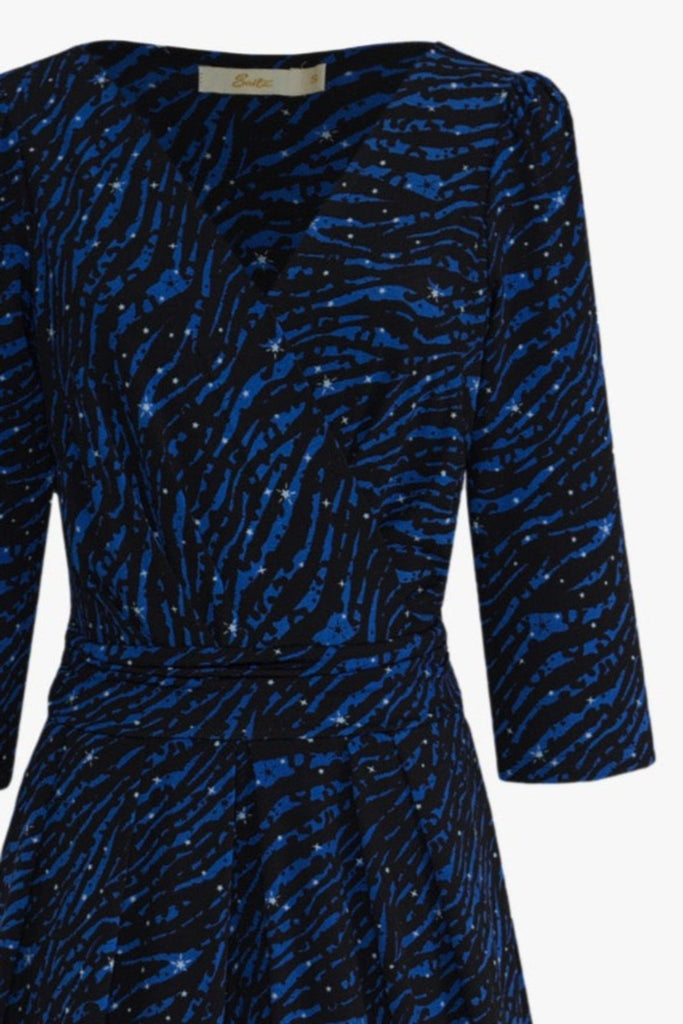 close up of the blue and black zebra and star print fabric