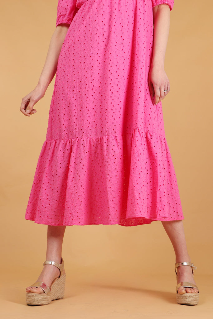 close up of the tiered hem on the midaxi length dress