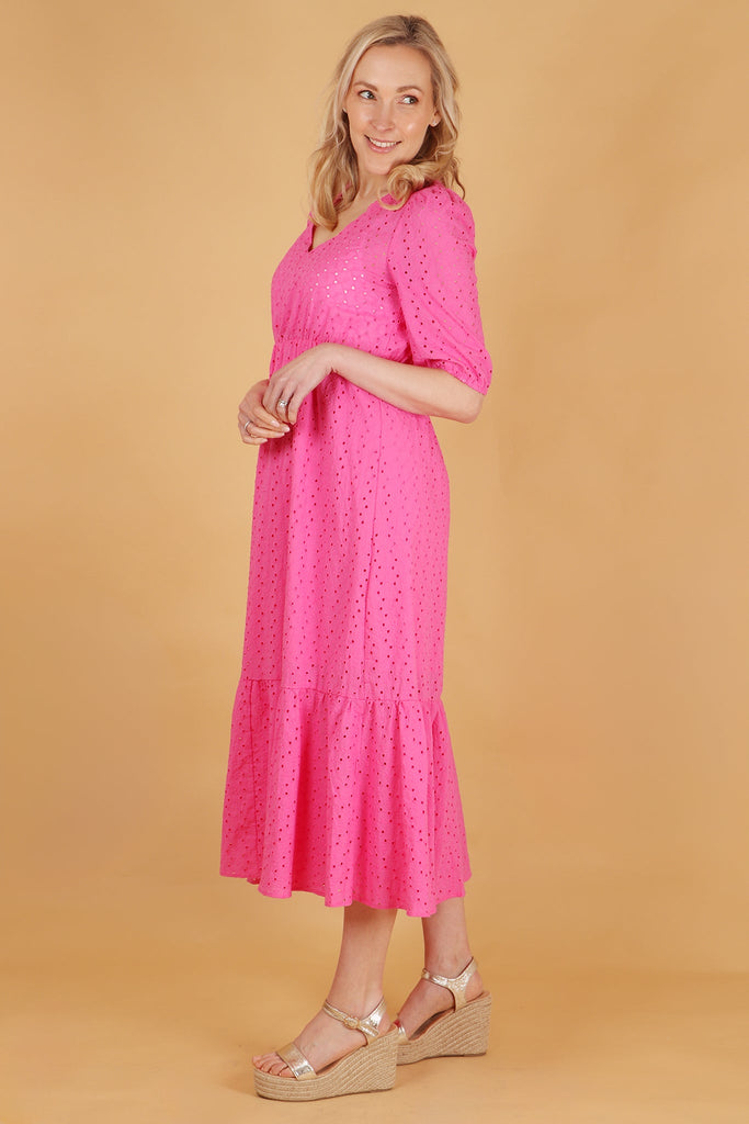 fuchsia pink borderie anglaise detail cotton summer dress with elbow length sleeves